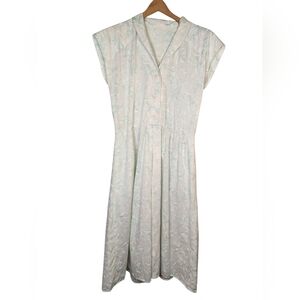 Vintage Style Handmade Mint Green Floral Shirtdress Elastic Waist Midi